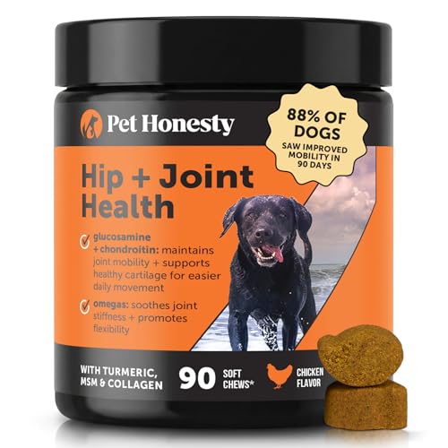 Hip + Joint Supplement for Dogs with Glucosamine Chondroitin - MSM, Turmeric & Collagen Soft Chews - Joint Function, Stiffness, and Mobility Support, May Reduce Occasional Discomfort (Chicken, 90 Ct)