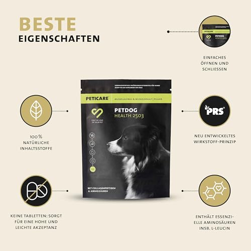Peticare Muskulatur & Aktiv Pulver-Mix für Hunde | Ergänzungsfuttermittel mit Collagen & Aminosäuren | Unterstützung für Beweglichkeit & Vitalität | für aktive Hunde & Senioren | petDog Health 2503