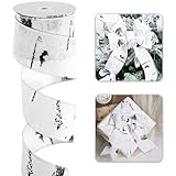 DINDOSAL White and Black Wired Burlap Ribbon 2.5'' X 10 Yards With Birch Bark Canvas - Christmas Tree Rustic Ribbon for Gift Packages, Wrapping, Garlands and Wreaths