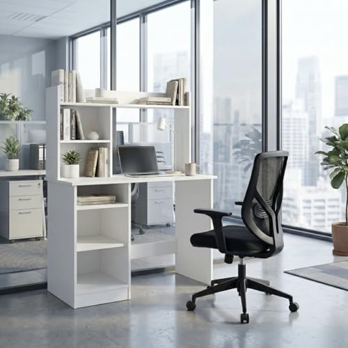 Image of Zenith Study Table with Hutch & Storage Cabinet, Workstation with Upper Bookshelf for Home Office & Students, 100x50x134cm (White)