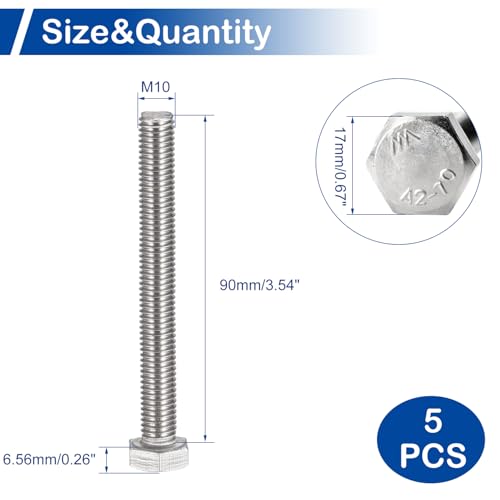 Image of MroMax 5Pcs M10-1.5 Hex Bolts, M10 x 90mm Hex Head Screws Bolts | 304 Stainless Steel 18-8, Fully Threaded, External Hex Drive, for Concrete Embedment and Column Anchoring