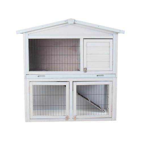 CHARLES BENTLEY FSC Wooden, Two Storey Pet Hutch, With Play Area, Grey, Wood, Ramp, Three Openings, Bolt Type Locks, Black Mesh, Waterproof, Sloped Roof, Separate Sleeping Area (101x100x54cm)