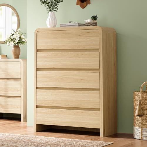 Image of 5 Drawer Dresser for Bedroom, 50 inch Tall Modern Chest of Drawers with Rounded Corners & Anti-Tip Kit, Wood Dresser Storage, Cabinet Organizer with Drawer Slides for Closet, Nursery, Apartment, Light Oak