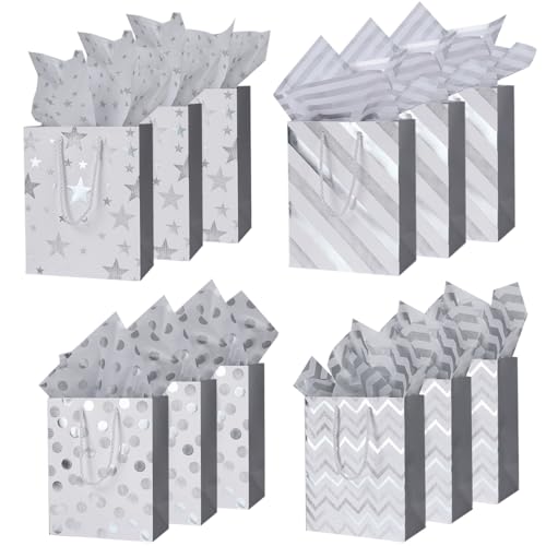 Sacos de papel de Natal para embrulhar presentes: 12 sacos de presente prateados, papel de seda e etiquetas adicionais para aniversários, casamentos e dia dos namorados. 23 x 18 x 10 cm.