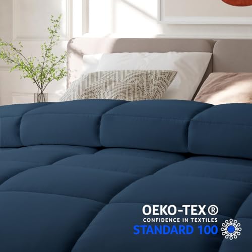 Image of COHOME Oversized Queen Size Comforter, All-Season Quilted Down Alternative Duvet Insert, Luxury Hotel GentleSoft Comforter with Anti-Clump Tech & 8 Tabs - Reversible - Navy Blue 98 x98 inches