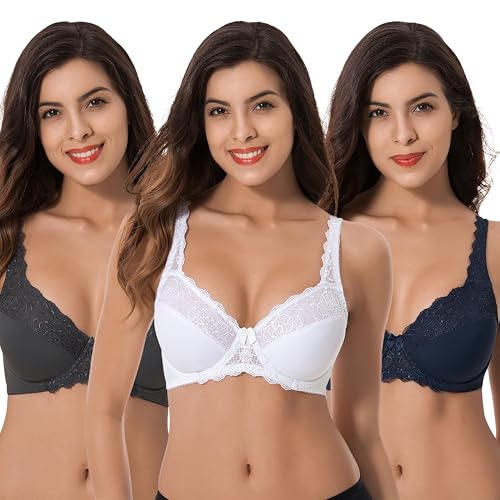 Image of Curve Muse Plus Size Minimizer Underwire Unlined Bra with Embroidery Lace-3Pack-Navy,White,Slate-40D