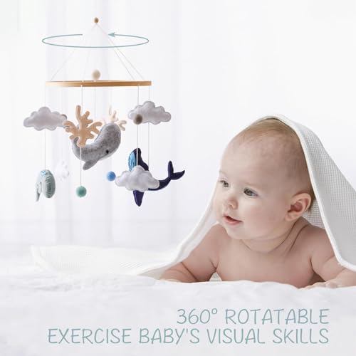 Ikubigu Montessori Baby Mobile For Crib Ocean Animals Crib Mobile Woodland Nursery Decor Soothe Toys For Ceiling Hanging Felt Ball Sea Blue Whale thumb #4
