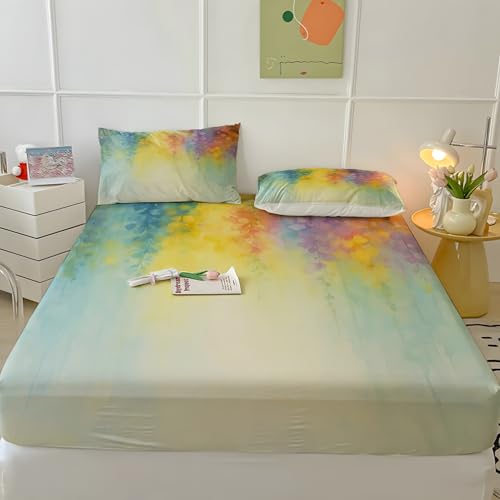 グラデーションボックスシーツ セミダブル葉ベッドカバー柔らかい通気性マイクロファイバー 3点セット防ダニ高反発 吸水 速乾 抗菌 防臭 防ダニと 2 枕カバー43x63 cm着脱簡単 丸洗い可能 マットレスカバー120x200x30 cm