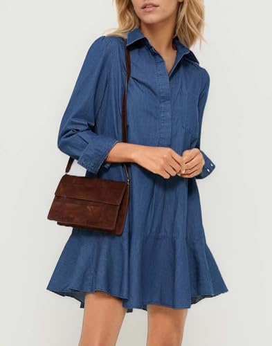Women's Long Sleeve Denim Shirt Dress Button Down Ruffle Flowy Collared Mini Shift Drop Waist Jean Dresses4