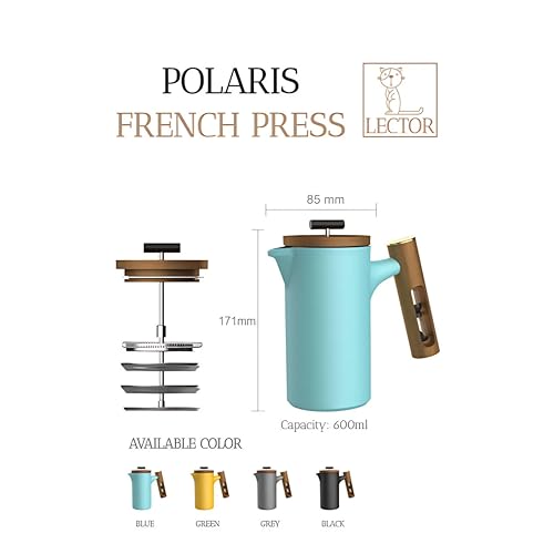 Image of LECTOR Polaris French Press Coffee Maker, 600ML, Ceramic, Manual Coffee & Tea Brewer with Natural Wooden Handle & Lid | Strong Build, Superior Filtration, Innovative 4 Minute Hour Glass Timer (Blue).