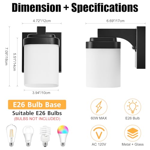 Image of 4.72 Inches Bathroom Vanity Lights, 1-Light Black Bathroom Llight Fixtures Over Mirror with Milky White Square Glass Shade, Modern Farmhouse Bathroom Wall Lamp, Wall Sconces Set of Two