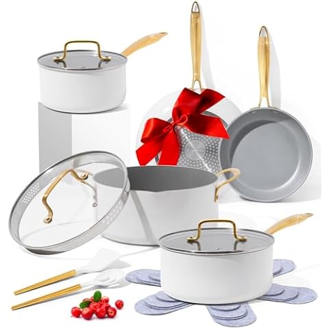 White and Gold Pots and Pans 15 PC Set - Premium Heavy Gauge Nonstick, Non Toxic, PFOA Free, Oven and Dishwasher Safe, Induction Compatible Cookware Set - Gold Kitchen Accessories Cover