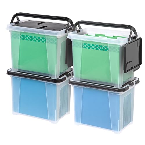 Image of IRIS USA 4-Pack File Box Organizer with Wing Lid Letter /Legal 18 Qt, Clear | Organize letter and legal files, documents and paperwork with a wing lid for quick access and secure storage