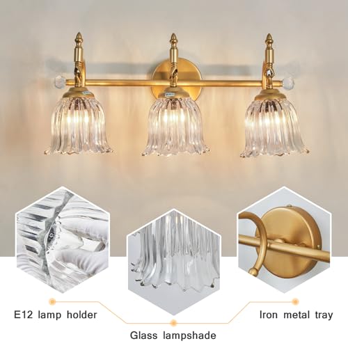 Image of CVKASH 3-Light Bathroom Vanity Light Fixtures Over Mirror,Brushed Gold Modern Vanity Lights with Glass Shade Vintage Wall Sconce for Bedroom Dressing Room Living Room Hallway Cabinet