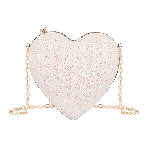 Naimo Bolsa feminina de coração com strass para noite bolsa de ombro com corrente mini bolsa clutch casamento coquetel festa bolsa, Branco