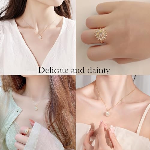 Spinning Sunflower Bracelet for Women Sunflower Fidget Necklace Ring Gold Zircon Jewelry Set for Anxiety Worry Relieving Adjustable Flower Jewelry Accessories Gifts4