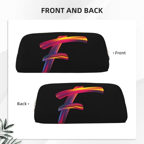 Image of Cute Initial Pencil Case for Kids Simple Leather Pencil Pouch for Boys Girls Letter Design Pencil Box Pen Bag Pencil Pouch Office Stationery Organizer, Rainbow Letter F