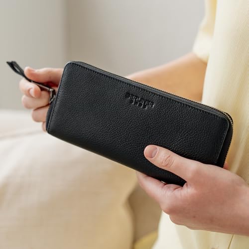 Image of BERLINER BAGS Genuine Leather Zip Wallet Women Palma, Gift Box - Black | Soft Leather Zip Around Wallet, 14 Card Slots, 1 ID Window, 2 Bill Compartments, Zippered Coin Pocket, RFID Blocking