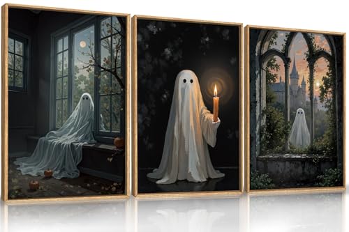 LHIUEM Large Halloween Cute Ghost Framed Canvas Wall Art Set,Vintage