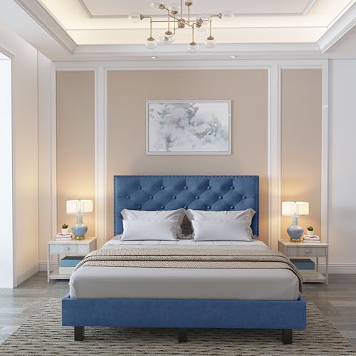 Image of Wooden Modern Upholstered Queen Size Bed for Bedroom | Wooden Double Bed Without Storage | Platform Cot Upholstered Bed with Upholstery Fabric | Engineered Wood | 6.5 x 5 Ft | Teal