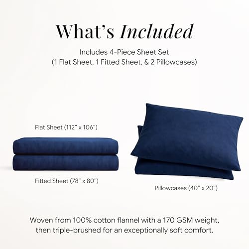 Image of Tribeca Living Triple Brushed Soft Cotton Flannel Sheets Set, King Size 170-GSM Weight Extra Deep Pocket Sheet in Solid Dark Blue Color