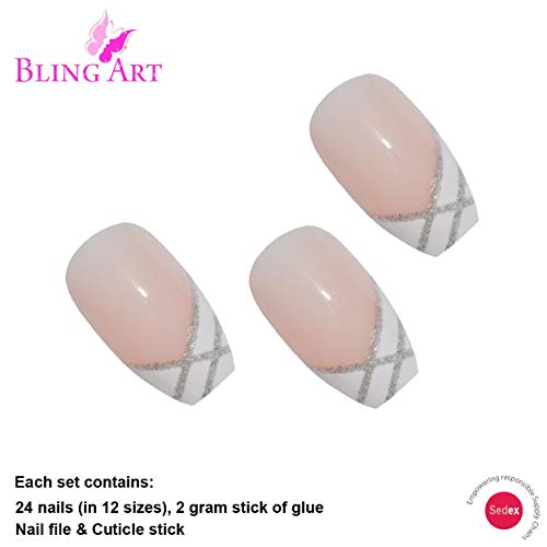 False Nails by Bling Art Silver White Glitter Ballerina Long Fake 24 Acrylic Nail Tips