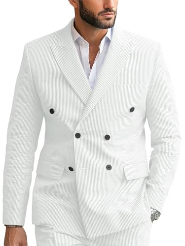 Men Summer Seersucker Suits 2 Piece Slim Fit Double Breasted Striped Seer Sucker Suit for Men Wedding Suits