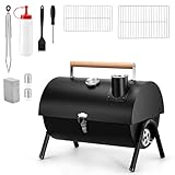 Portable Charcoal Grill with Basic BBQ Tools, HaSteeL Compact Tabletop Barbecue Grill with Thermometer, Small Smoker for Outdoor Camping Backyard Beach BBQ, Thick Steel, Easy to Assemble