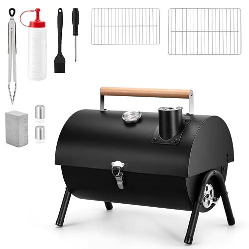 Image of Portable Charcoal Grill with 6 BBQ Tools, HaSteeL Compact Tabletop Barbecue Grill with Thermometer, Small Smoker for Outdoor Camping Backyard Beach BBQ, Thick Steel, Easy to Assemble