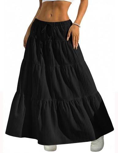 DERAX Womens Boho Flowy Maxi Skirt Flared Ruffle Elastic Waist Summer A Line Long Skirts Black S