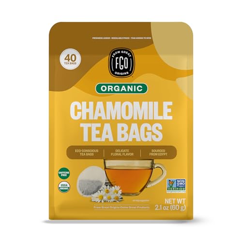 Image of FGO Organic Chamomile Tea, 40 Count, Eco-Conscious Tea Bags, Resealable Bag (Pack of 1)