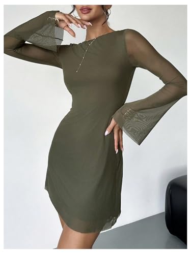 Image of GORGLITTER Women's Bell Long Sleeve Mini Dress Y2k Fall 2025 Mesh Boat Neck Going Out Club Bodycon Short Dress