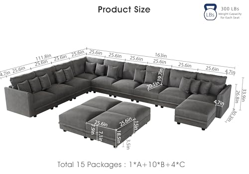 Image of LLappuil 14-Seat Modular Sectional Sofa with Storage, 163 inch Oversized U-Shaped Corduroy Couch with 10 Throw Pillows, Pet-Friendly Convertible Pit Sofa for Large Spaces, Skin-Friendly, Grey