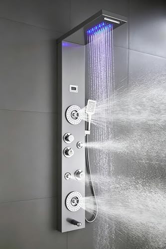 Image of ELLO&ALLO Stainless Steel Shower Panel Tower System,LED Rainfall Waterfall Shower Head 6-Function Faucet Rain Massage System with Body Jets, Brushed Nickel
