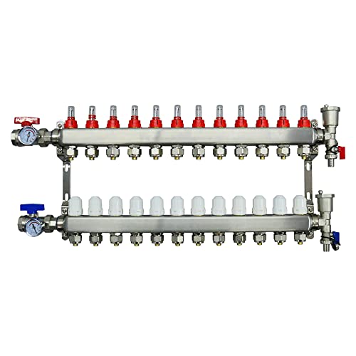 TECHTONGDA 1/2" Floor Manifold Stainless Steel Radiant PEX Floor Heating Set with Flow Meters 2-12 Loop (12 Branches) -  L053270