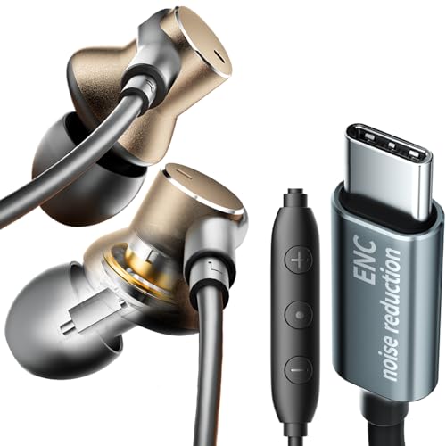 Type C Wired Earbuds with Noise-Canceling Microphone,Immersive Stereo Bass USB C In Ear Headphones Dynamic and Balanced Armature Subwoofer Noise Reduction Wired...