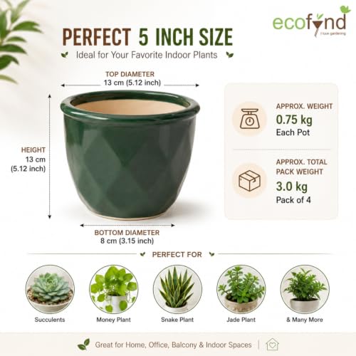 Image of ecofynd 4 Inch Ceramic Plant Pots with Drainage Hole, Modern Decorative Clay Flower Pots for Indoor Plants, Home Garden Decor for Living Room, Bedroom & Interior Spaces (Pack of 4, CPOT043-MUL)