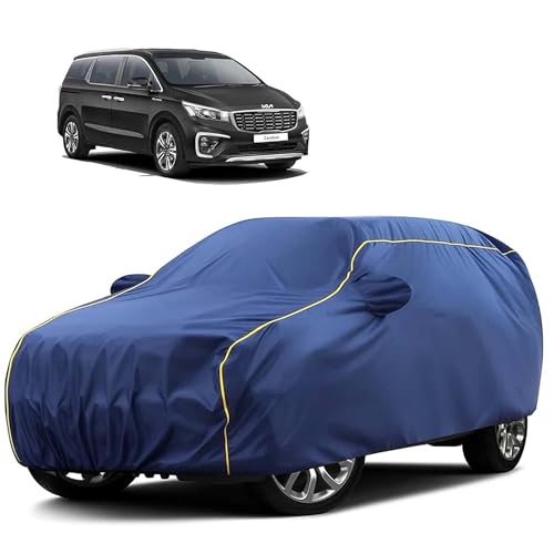 Image of Sulfar 100% Water Resistant Car Body Cover Compatible with Mirror for Kia Carnival (Triple Stitched, Full Bottom Elastic, Blue Tafetta with Yellow Piping)