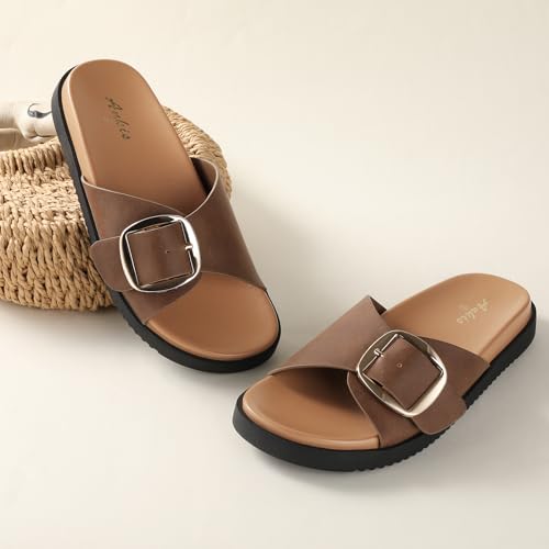 Ankis Brown Flat Sandals for Women 2025,Womens Buckle Summer Beach Sandals with Back Strap,Wide Width Leather Sandals for Women Comfortable Dressy(Size9)2