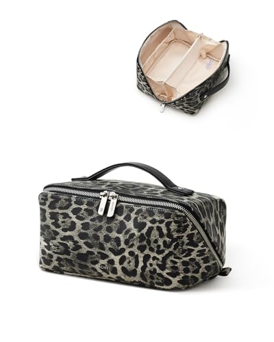Image of EACHY Travel Makeup Bag, Large Capacity Cosmetic Bag for Women, Waterproof PU Leather, Flat Open Portable Toiletry Bag for Skincare, Brushes & Travel Essentials