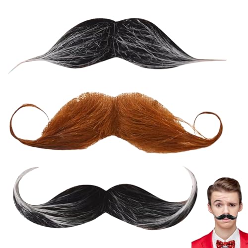 3 Pièces Moustaches à Coller, Fausses Moustaches Adhésives Fausses Barbes Artificielles Faux Poils du Visage Barbe Réaliste Style Rétro Années 80 Adapté...