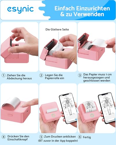 eSynic Mini Thermodrucker Tragbarer Bluetooth-Drucker für Fotos Notizen & Etiketten 200dpi Kompatibel mit Android & iOS Kein Tinte oder Toner nötig Ideal für Zuhause Büro & DIY Projekt Rosa