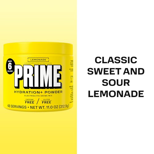 Image of PRIME HYDRATION+ Electrolyte Powder, Lemonade, Sugar Free Hydration Drink Mix with Potassium, Magnesium & B Vitamins to Replenish Fluids, Caffeine Free, 6 Gallon Tub, 48 SRV