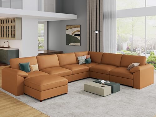 Image of EASE MOOSE Faux Leather Sectional with Ottoman, Oversized Modular Couch, Modular Sectional Sofa with Deep Seat, Scratch Resistant Faux Leather Material, U Shaped Couch for Big Spaces, Brown