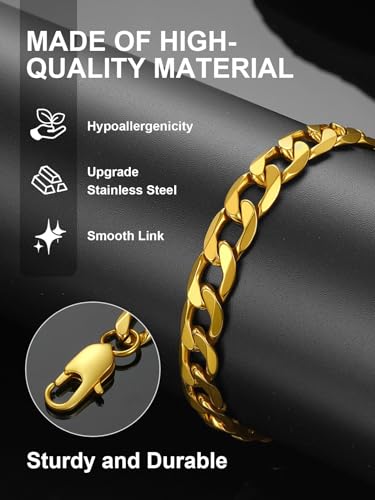 Image of Stainless Steel Cuban Link Bracelet for Men, Figaro Bracelet with Gift Box | Waterproof Daily Wear Bracelet, Durable Lobster Clasp, 6 /8 /9 /13mm Hypoallergenic&Non Tarnish, Silver /18K Gold Plated /Black