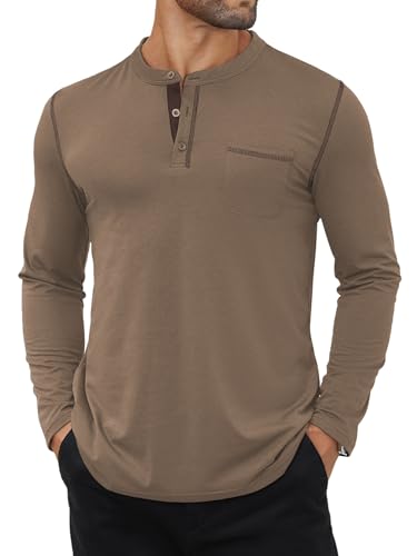 Hardaddy Men's Color Contrast Henley Shirt Long Sleeve Button T-Shirt Lightweight Henley Tshirt for Men Basic Pullover Shirt with Pocket Coffee XL