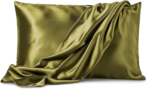 Image of Satin Pillow Covers Set of 2 - Soft & Smooth Pillowcases for Hair & Skin Care | Envelope Closure | Includes 3 Free Random Color Scrunchies | Frizz-Free Sleep Essentials (Olive Green)