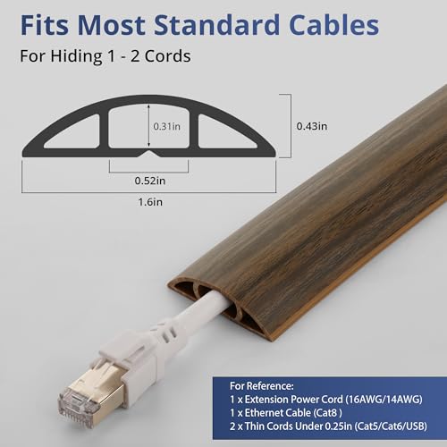 Image of ZhiYo 3.6ft Cord Covers for Wires on Floor, Cord Hider Floor Hide Extension Cords, Soft PVC Cable Cover Cable Protector, Wire Cavity W0.62in H0.31in, Smoked Brown Wood