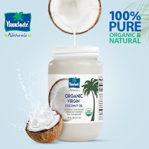 Image of inchParachute Naturalz Organic Virgin Coconut Oil | Cooking Oil, Hair Oil, Body Oil & Oil Pulling | Cold Pressed | Unbleached | Unrefined | Non-Hydrogenated | MCT Oil | USDA Certified | 32 Fl. Oz | Plastic Jar inch