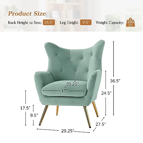 HULALA HOME Velvet Accent Chair, Modern Wingback Arm Chair with Metal Gold Legs, Velvet Tufted Upholstered for Living Room Bedroom, Dining Room(SAGE) - Image 2